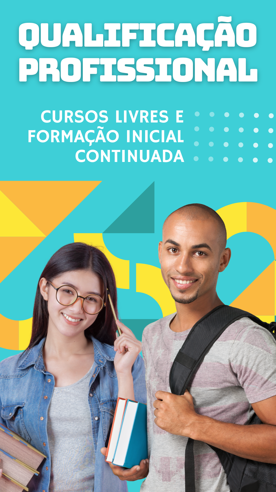 Cursos preparatórios para vida produtiva e social, divididos em Formação Continuada e Formação Inicial, com ou sem encontros presenciais.<br><br>Clique aqui para conhecer